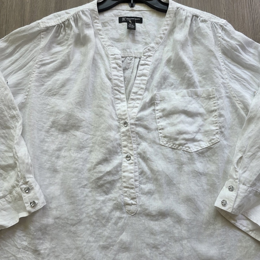 INC Linen Blouse 22W White 3/4 Sleeve Roll Tab Lightweight Top - Picture 7 of 16